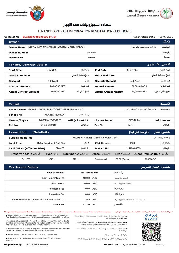 Ejari Tenancy Certificate — Golden Angel For Foodstuff Trading L.L.C
